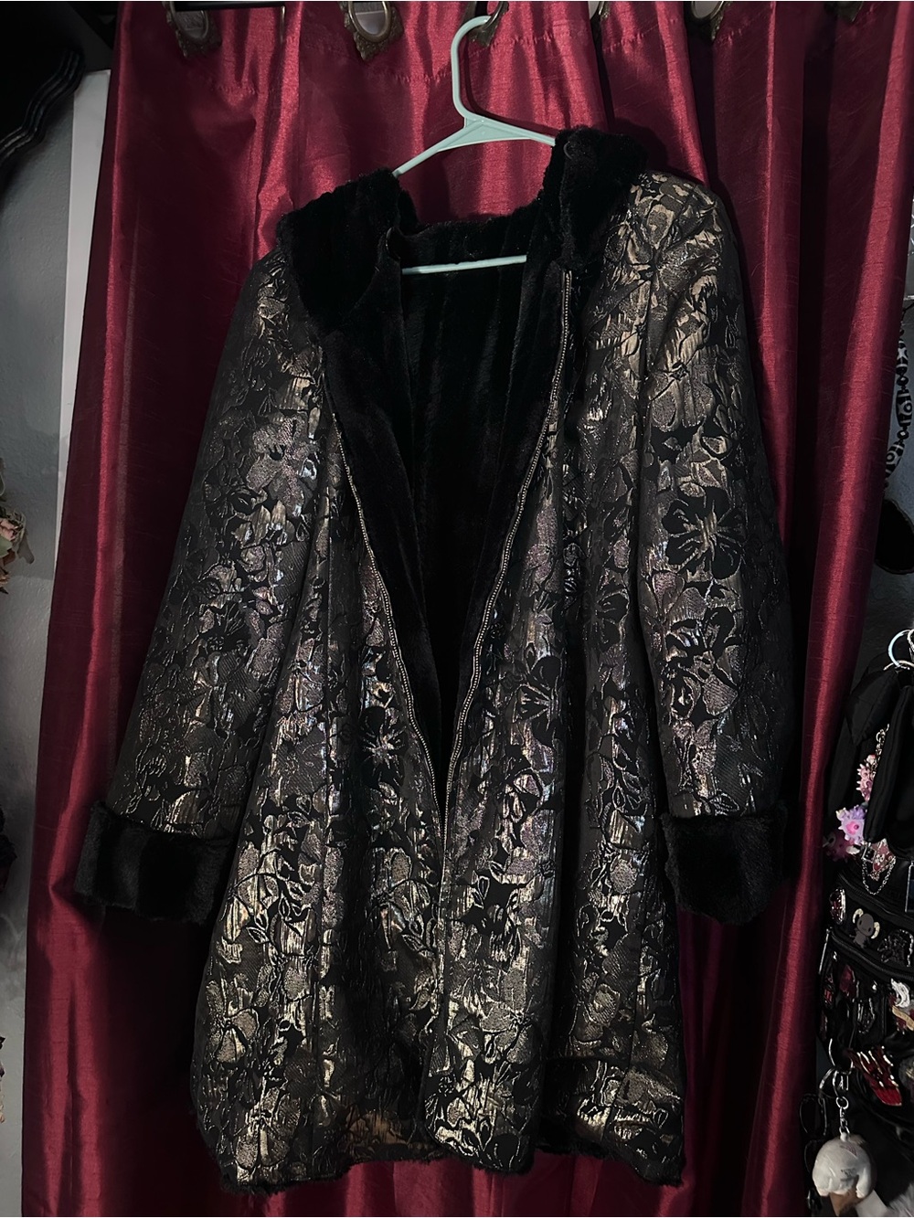 IMAN Black Metallic Floral Coat with Faux Fur Trim